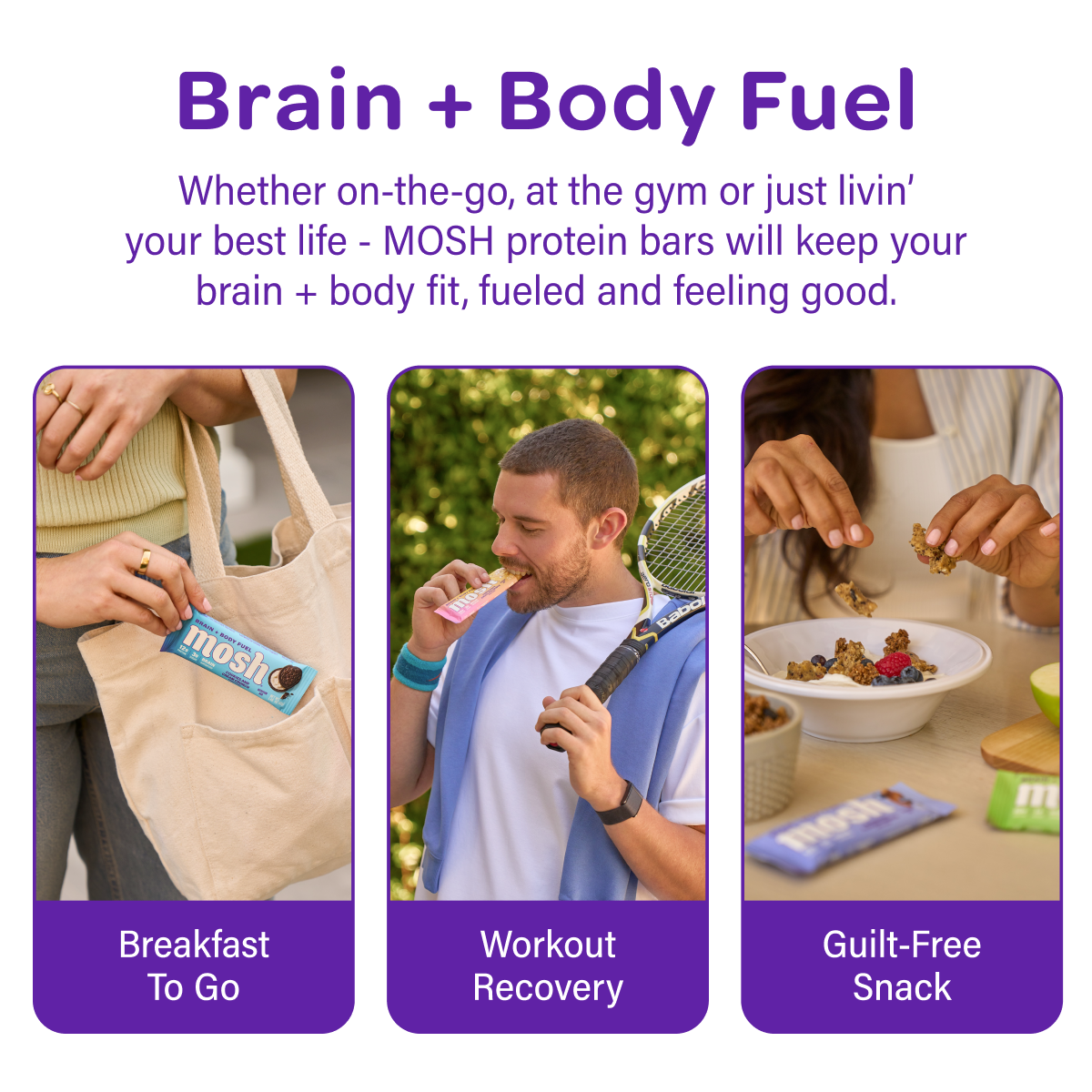 Protein bar packs shown for breakfast, workout recovery, and guilt-free snack