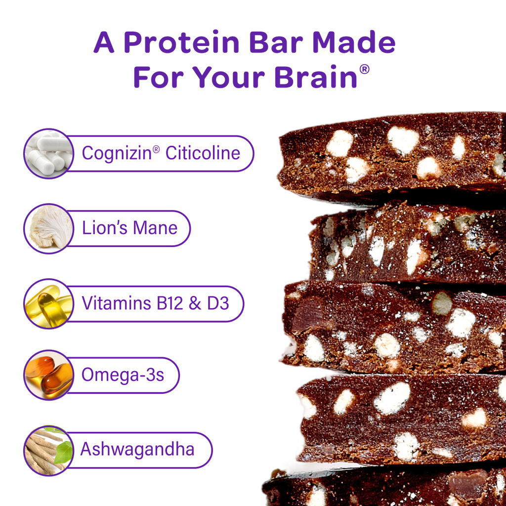 Chocolate brownie crunch protein bar slices with white crumb topping and stacked bars