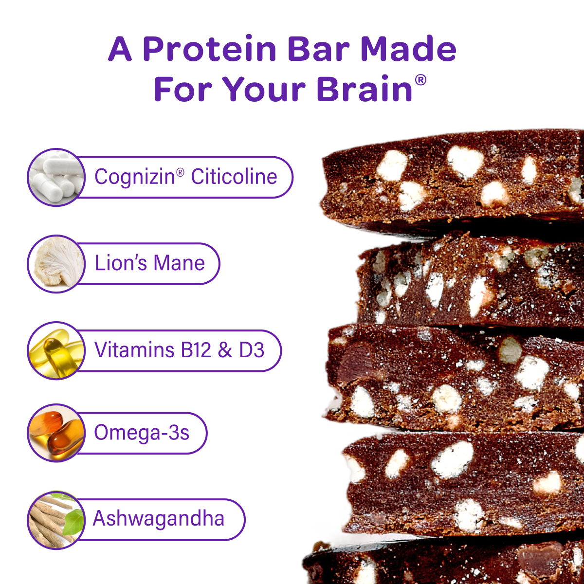 Chocolate brownie crunch protein bar slices with white crumb topping and stacked bars