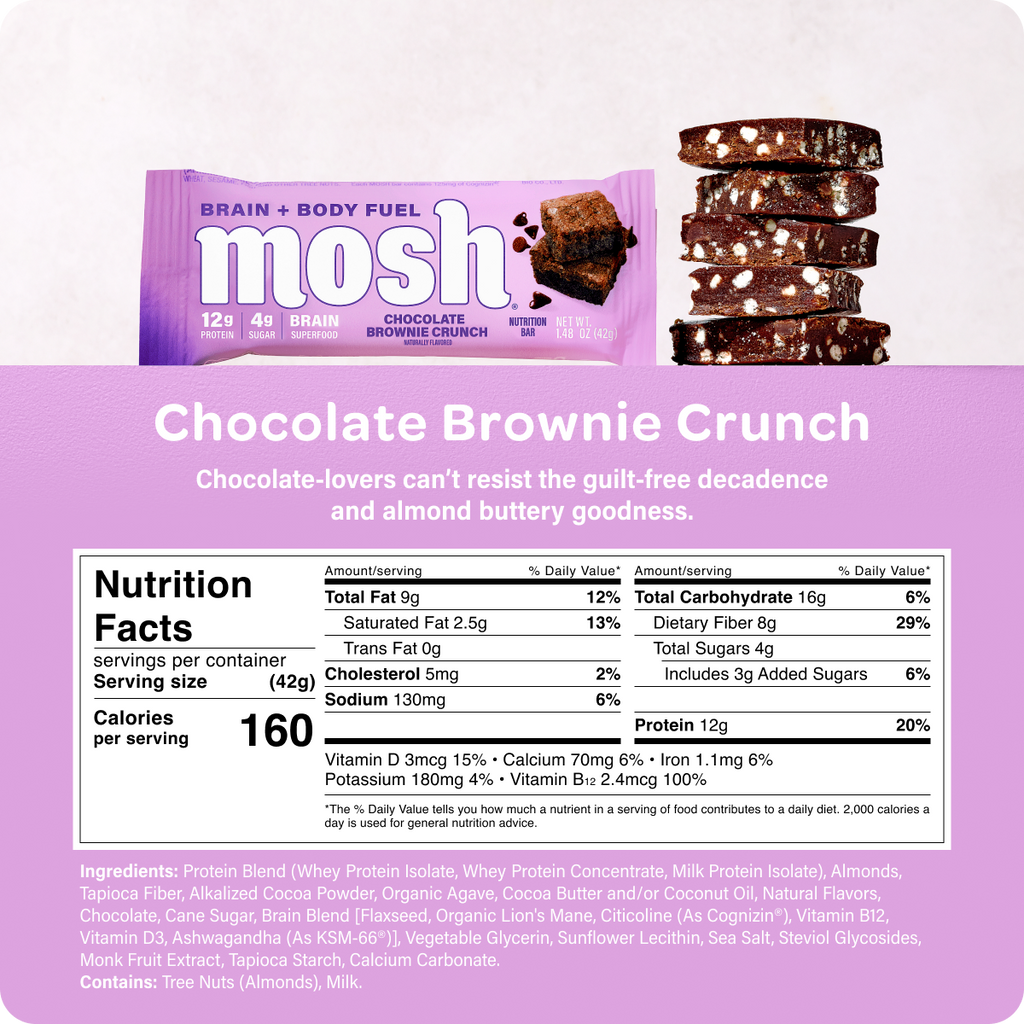 Chocolate brownie crunch protein bar package with nutrition facts and stacked brownie bars