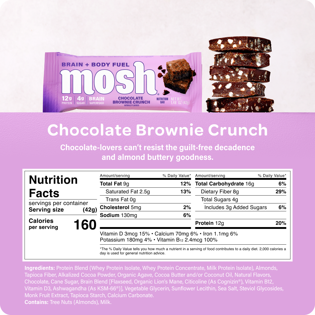 Chocolate brownie crunch protein bar package with nutrition facts and stacked brownie bars