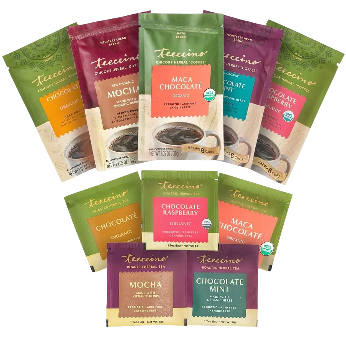 Teeccino assorted herbal tea sampler variety pack of flavored packets