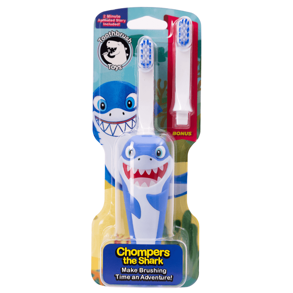 Kids shark character toothbrush with blue handle and smiling shark face; bonus head