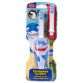 Kids shark character toothbrush with blue handle and smiling shark face; bonus head