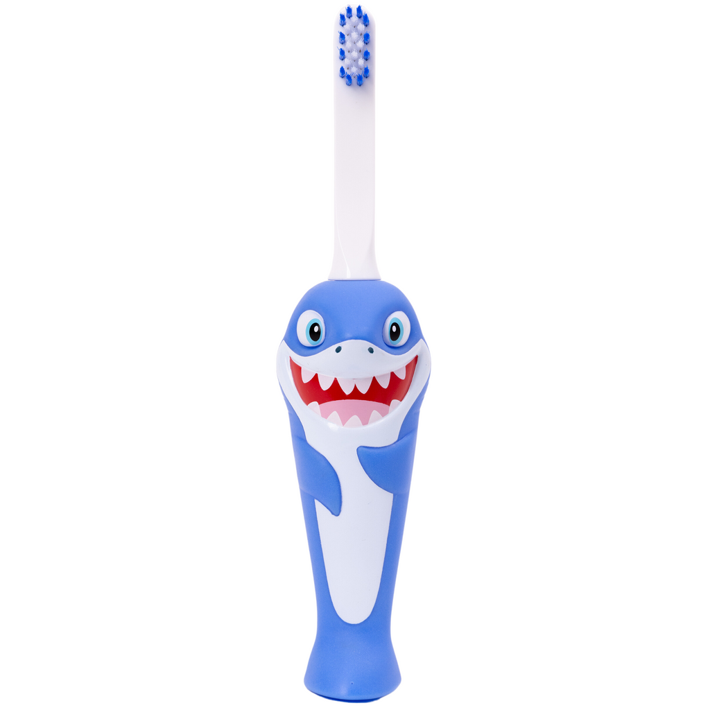 Blue kids shark toothbrush with white bristles and smiling shark mouth