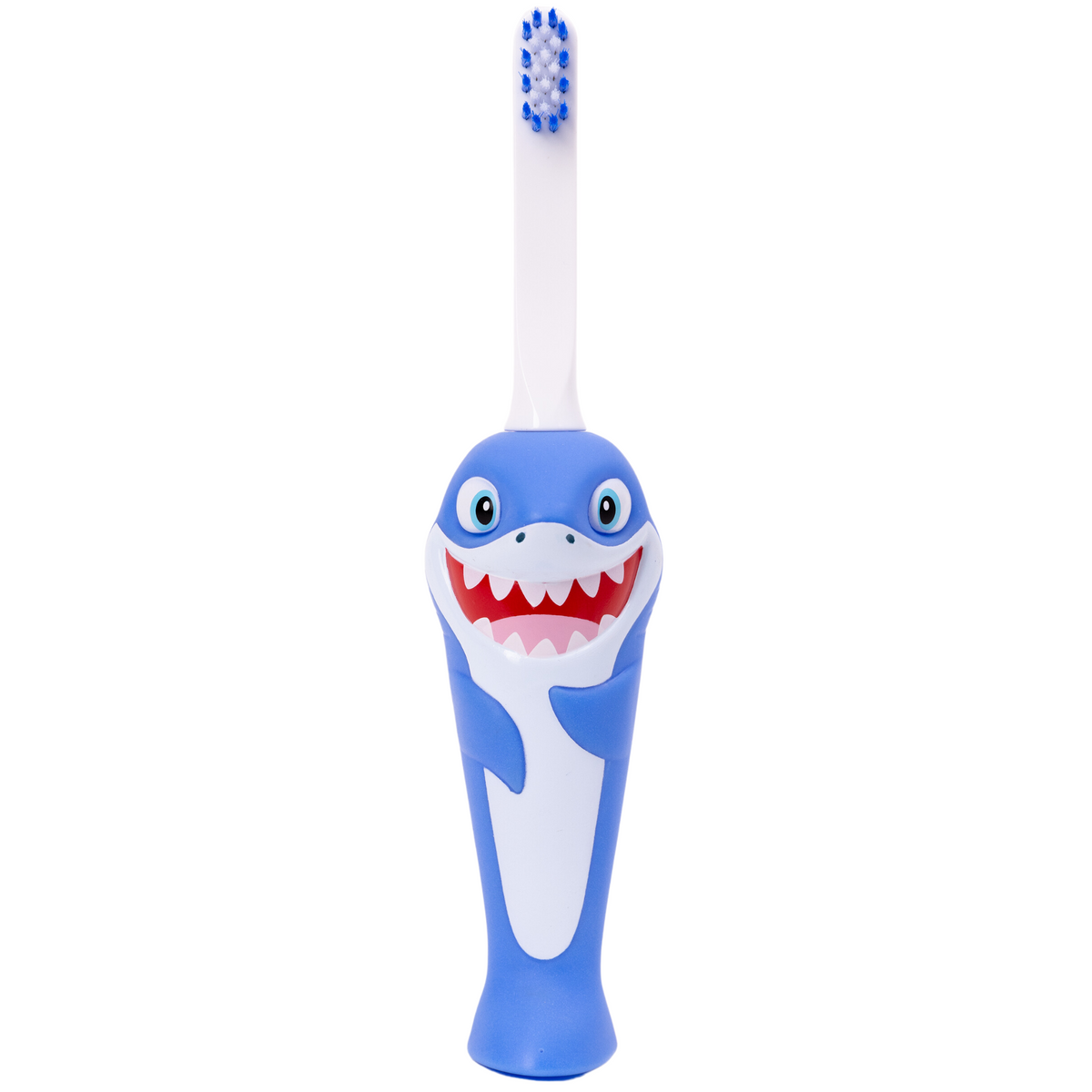 Blue kids shark toothbrush with white bristles and smiling shark mouth
