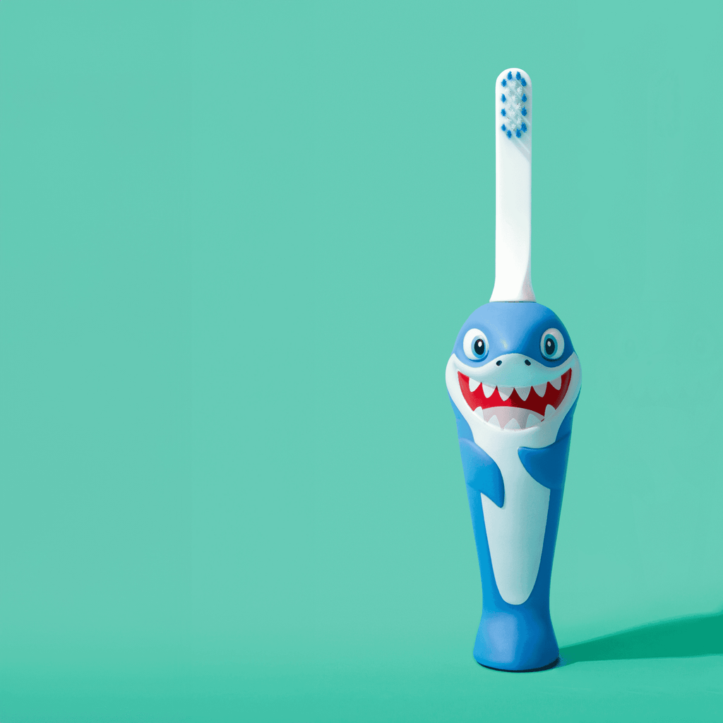 Angled blue shark kids toothbrush with white bristles and cartoon shark face
