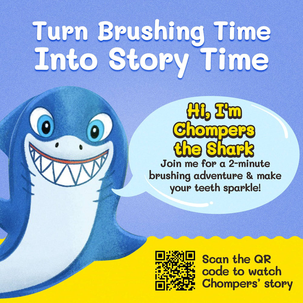 Kids shark toothbrush with blue shark face design and bonus brush head package