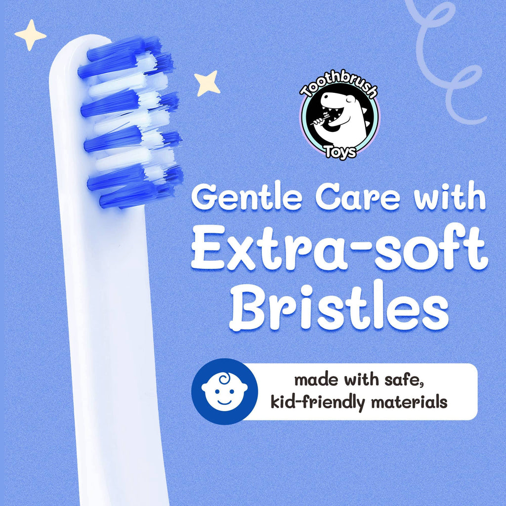 Extra-soft bristle toothbrush with blue-and-white shark character handle