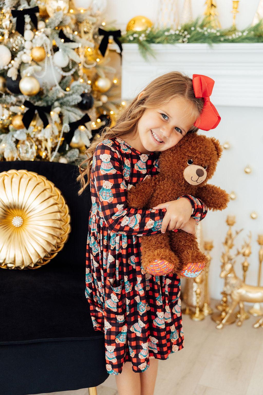 Girls' long-sleeve twirl dress in red-and-blue plaid with bear prints