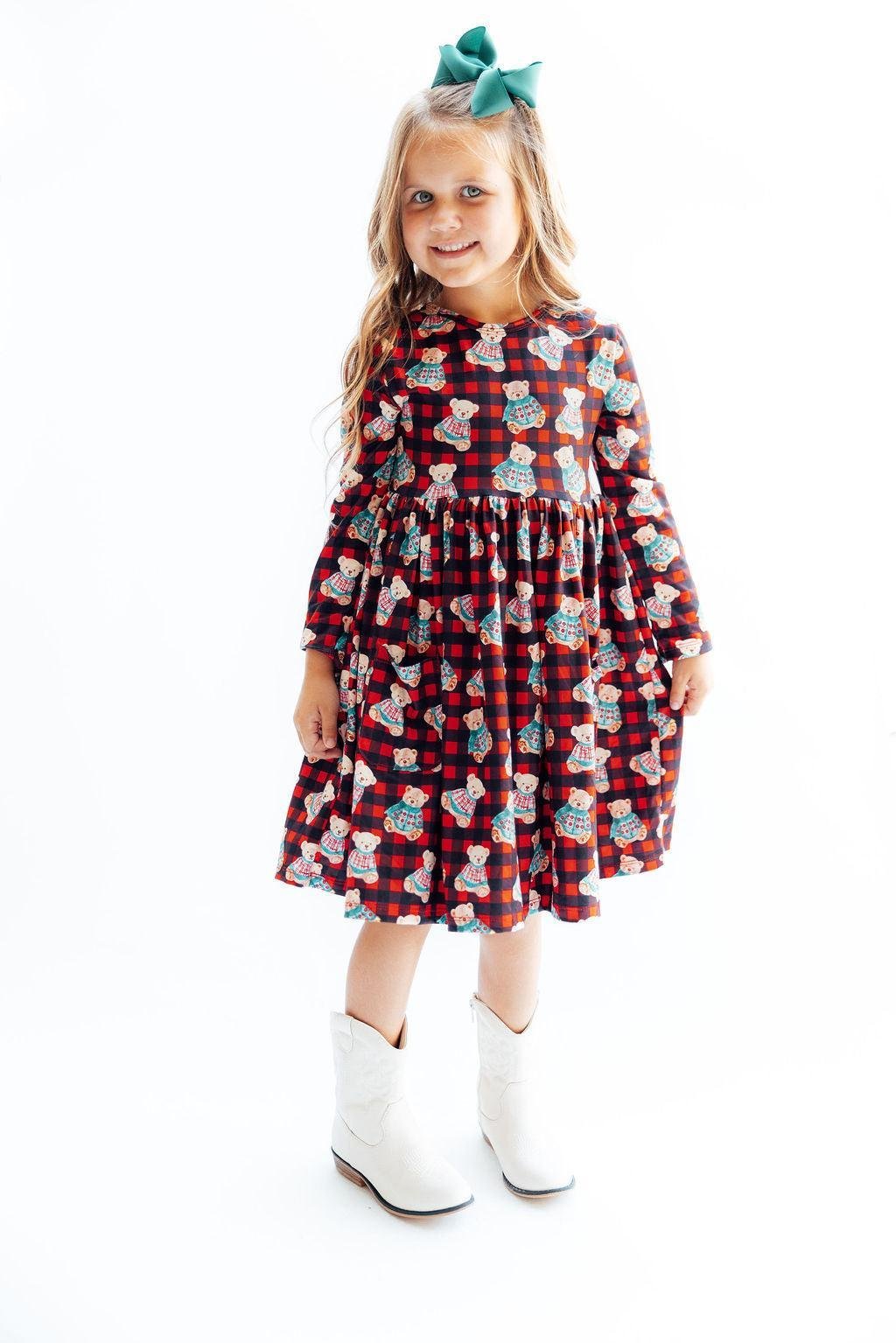 Girls' long-sleeve twirl dress in red-and-blue plaid with bear prints, white boots
