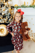 Girls' long-sleeve twirl dress in red-and-blue plaid with bear prints
