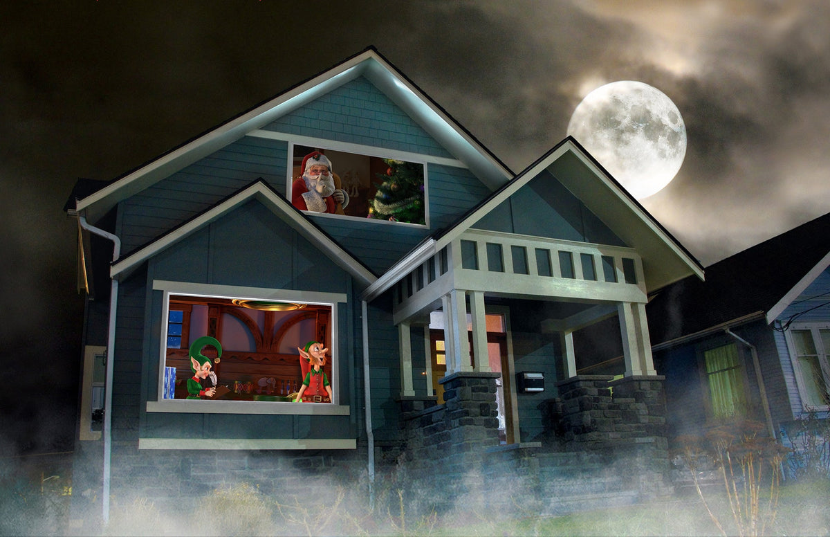 48 in x 72 in projection screen showing animated Santa window scene