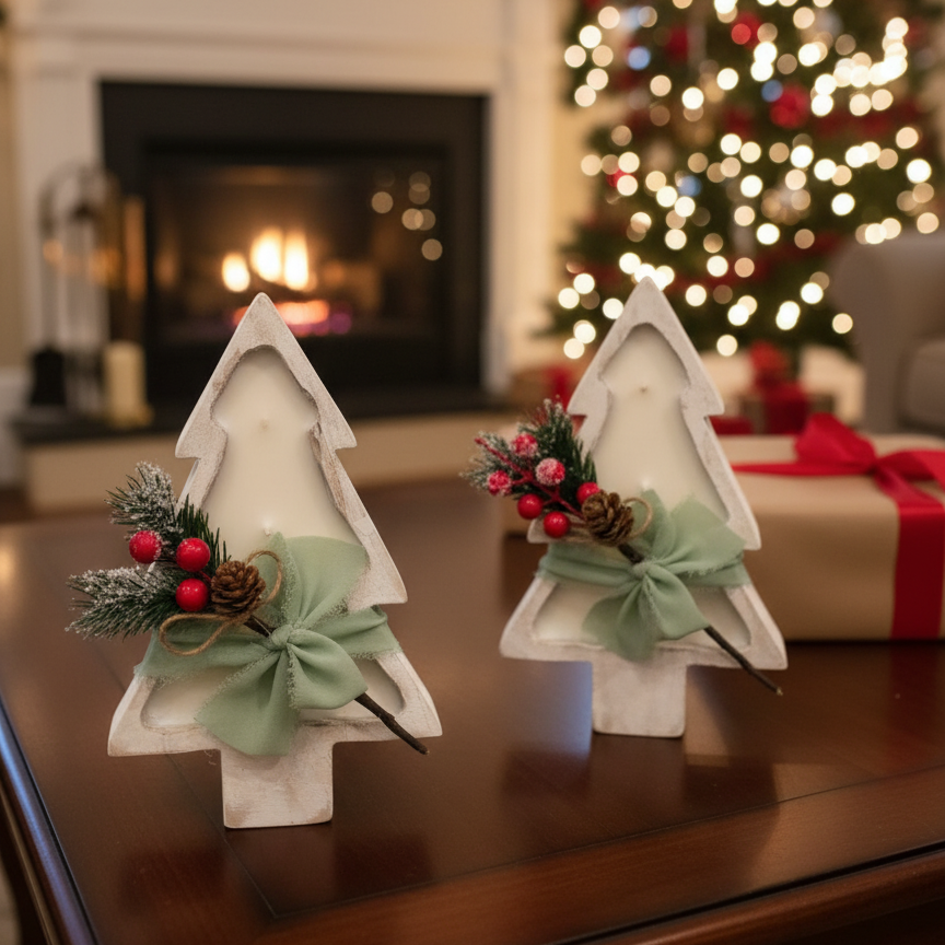 Set of two sculptural Christmas tree candles with green bows, greenery, pinecones, red berries