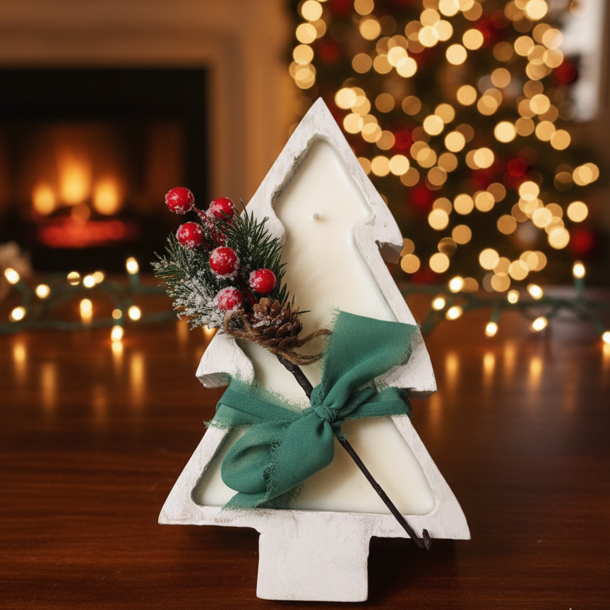 White sculptural Christmas tree candle with green bow, pinecone, and red berry accents