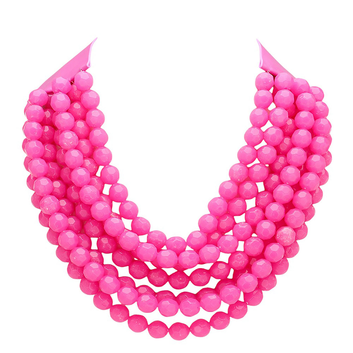 Chunky multi-strand beaded statement necklace in bright pink with layered beaded strands.