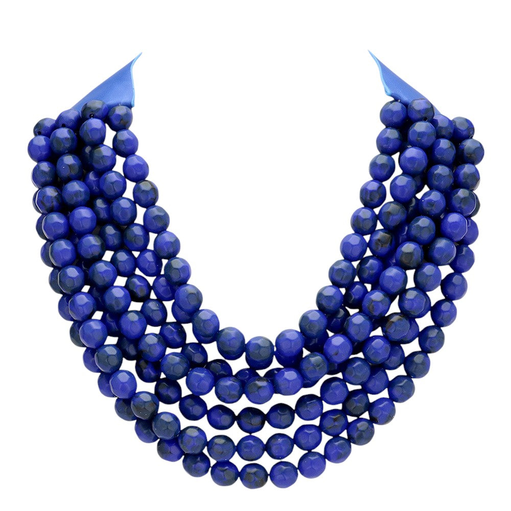Navy blue chunky beaded statement necklace, layered multi-strand round beads