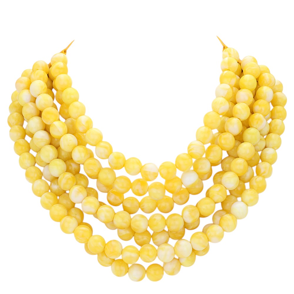 Yellow multi-strand beaded statement necklace with layered round beads.