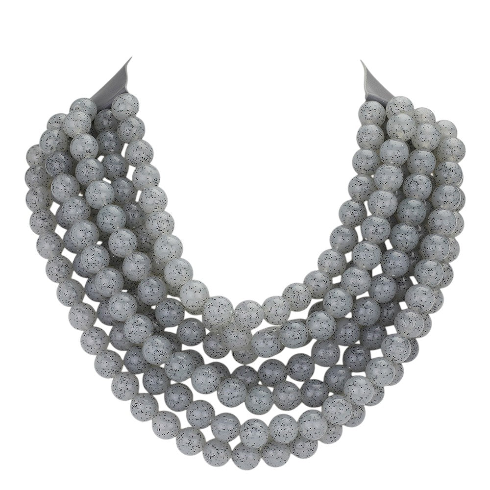 Chunky multi-strand beaded statement necklace in speckled light gray round beads