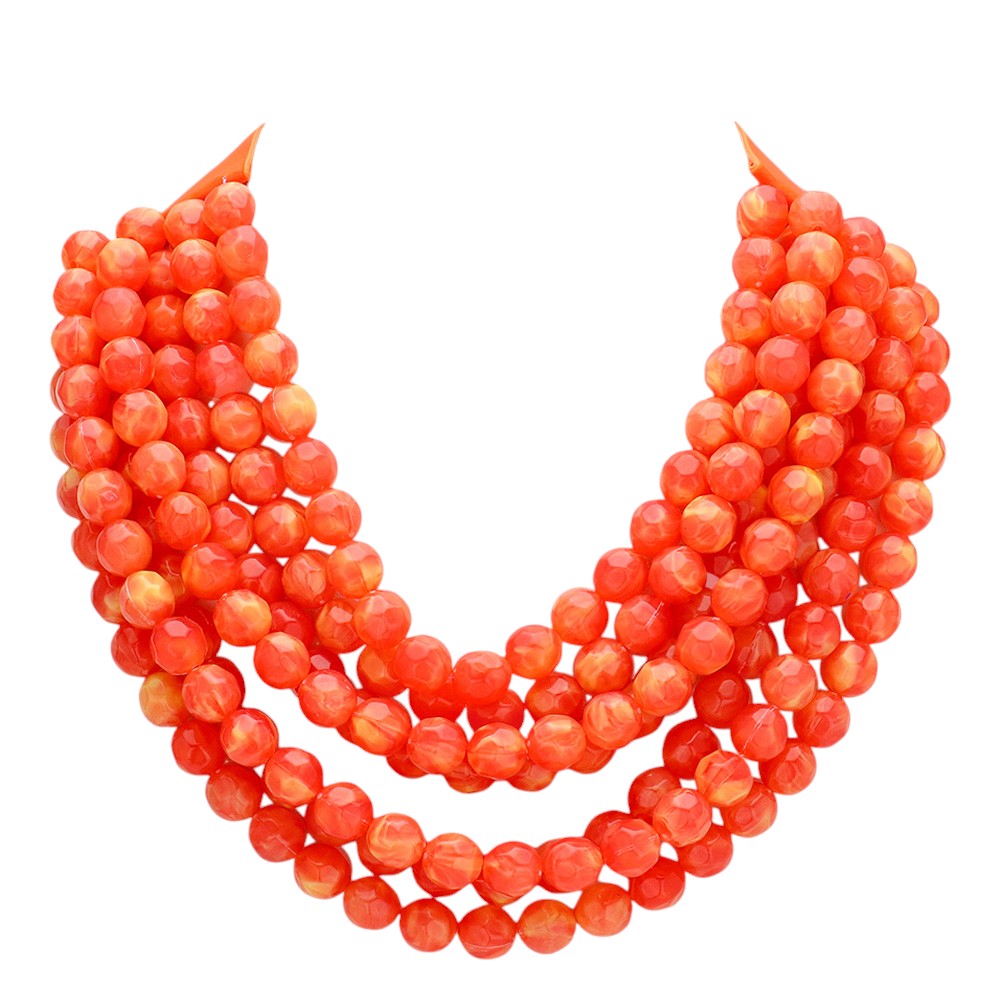 Coral chunky beaded statement necklace, multi-strand scalloped bead design