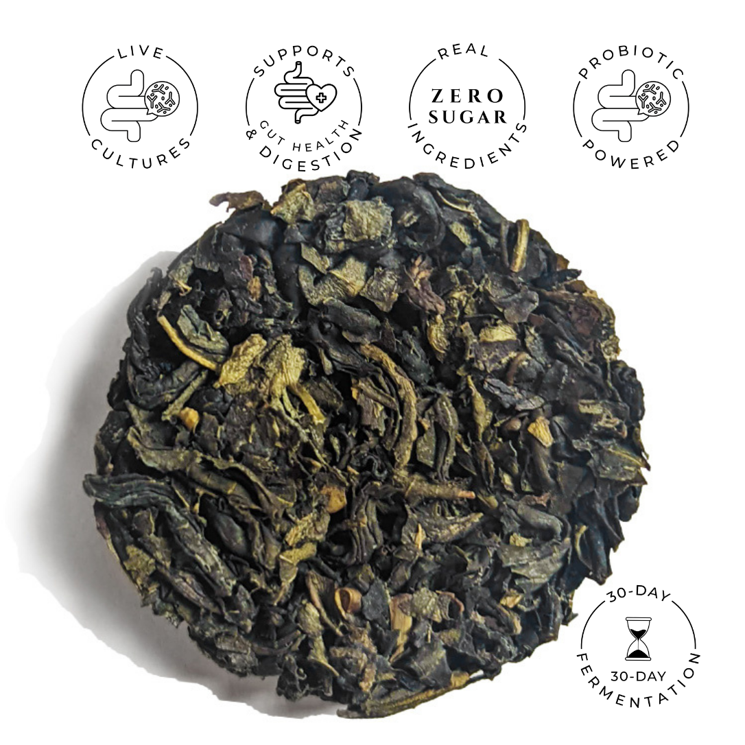 Compressed Chunmee green tea disc with curled leaves and product benefit icons