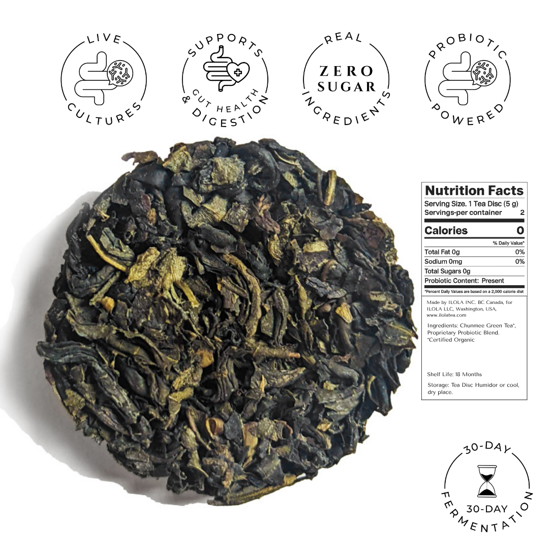 Chunmee green tea disc with nutrition facts and product benefit icons