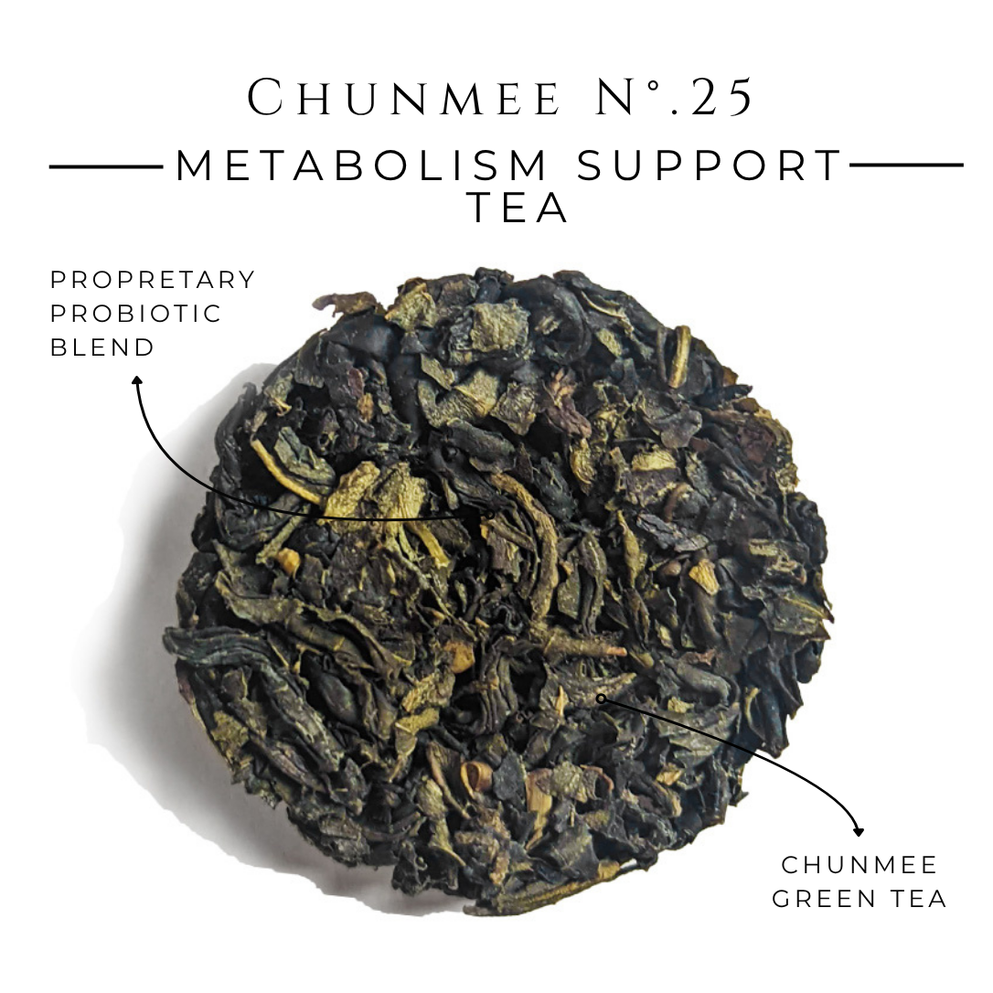 Chunmee green tea disc of compressed leaves, labeled as a probiotic blend