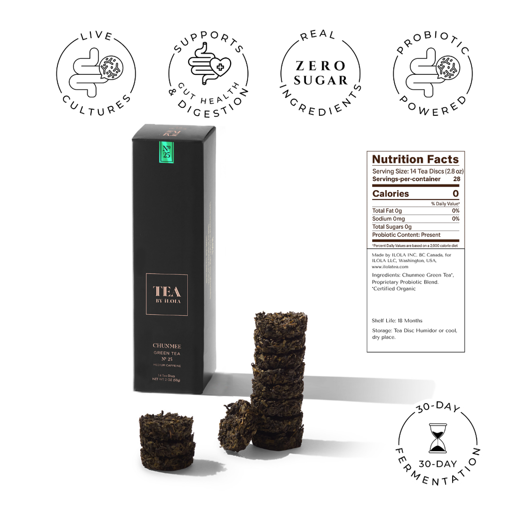 Black Chunmee green tea box with stacked tea discs and nutrition facts
