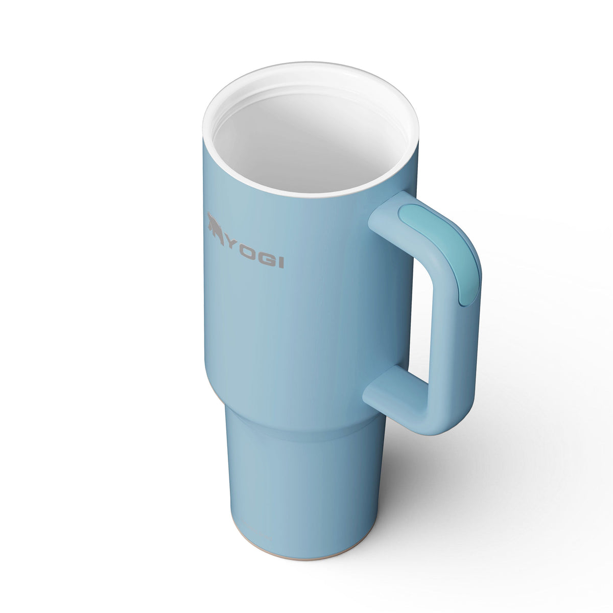 Light blue ceramic-lined evolution tumbler with side handle and open top.