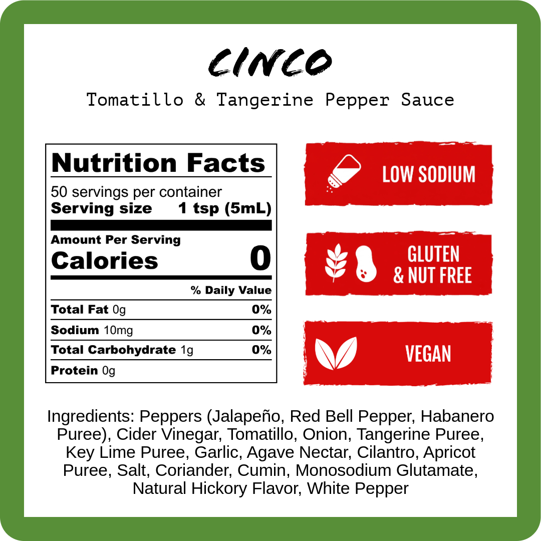 Cinco hot sauce nutrition facts panel with vegan and low-sodium badges