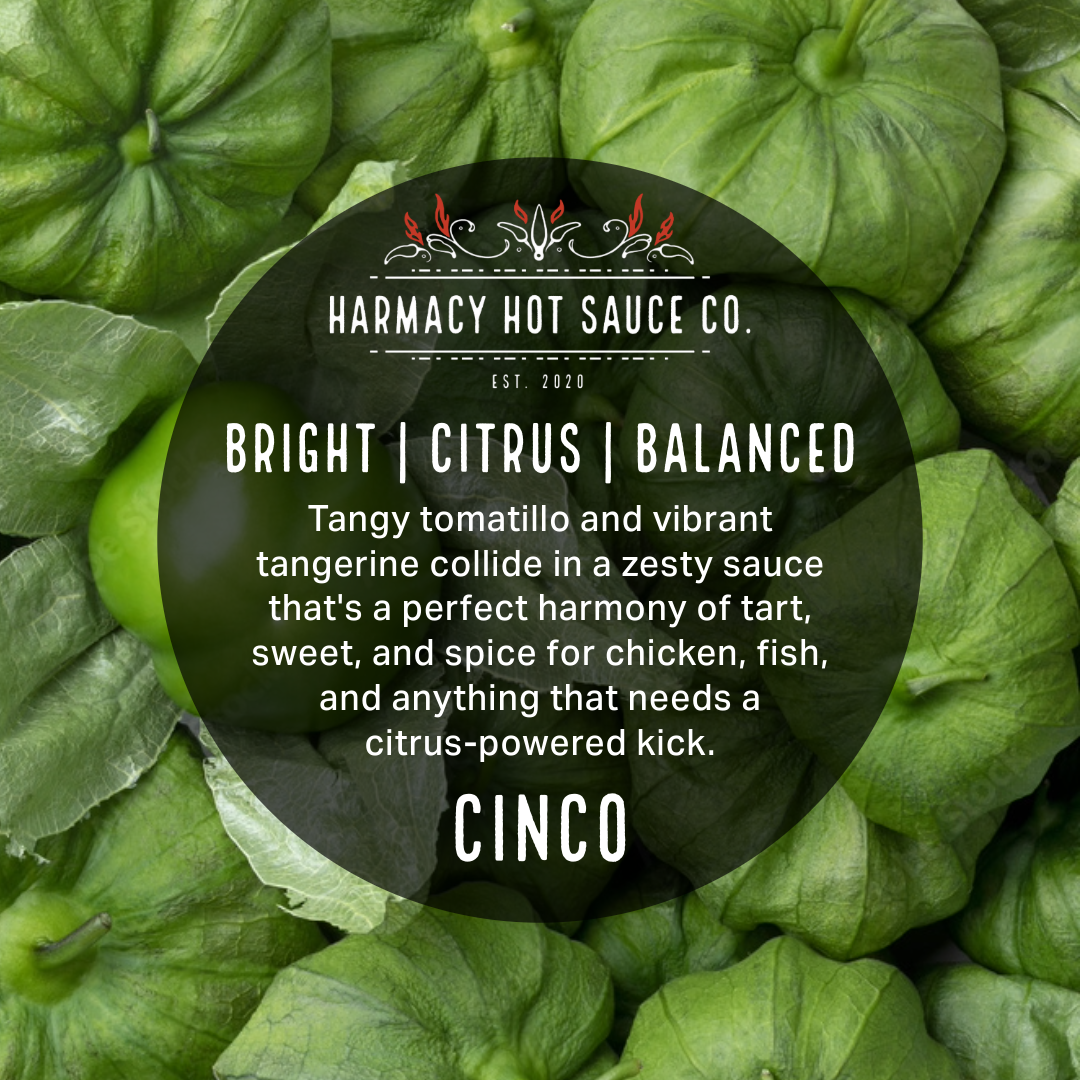 Cinco hot sauce label on green tomatillo and citrus peppers