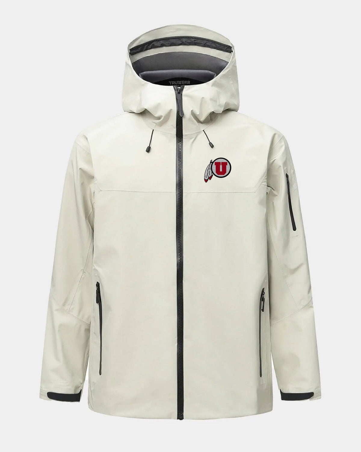 Bone hooded jacket with full zipper and red-and-black circular U chest logo.