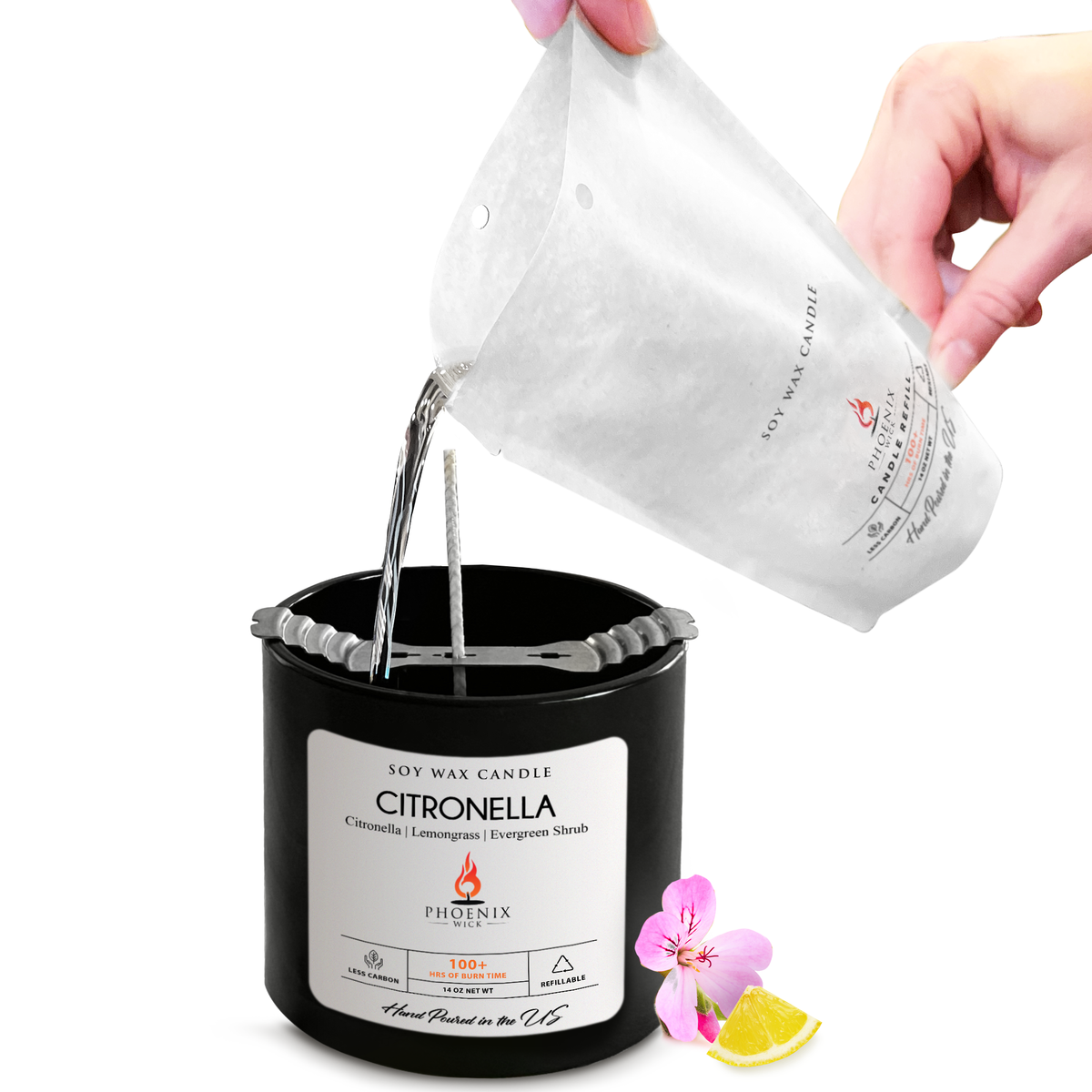Citronella candle jar with wax being poured from kit pouch and wicks