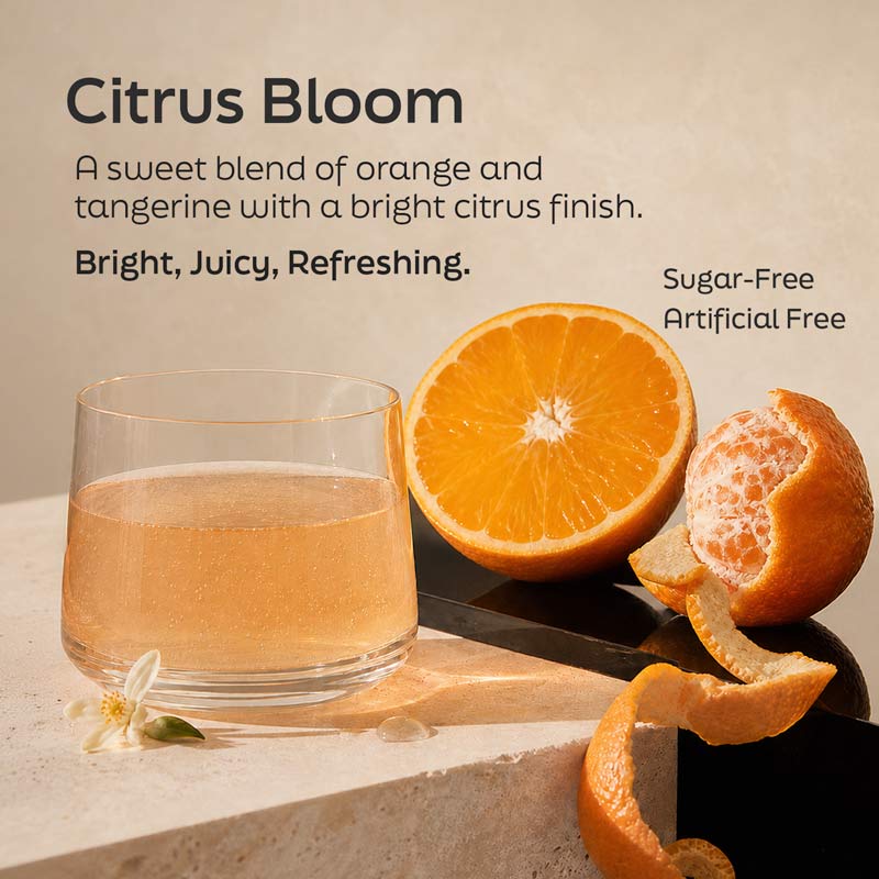 Sugar-free prenatal electrolyte drink (Citrus Bloom), shown with orange slices and a glass.