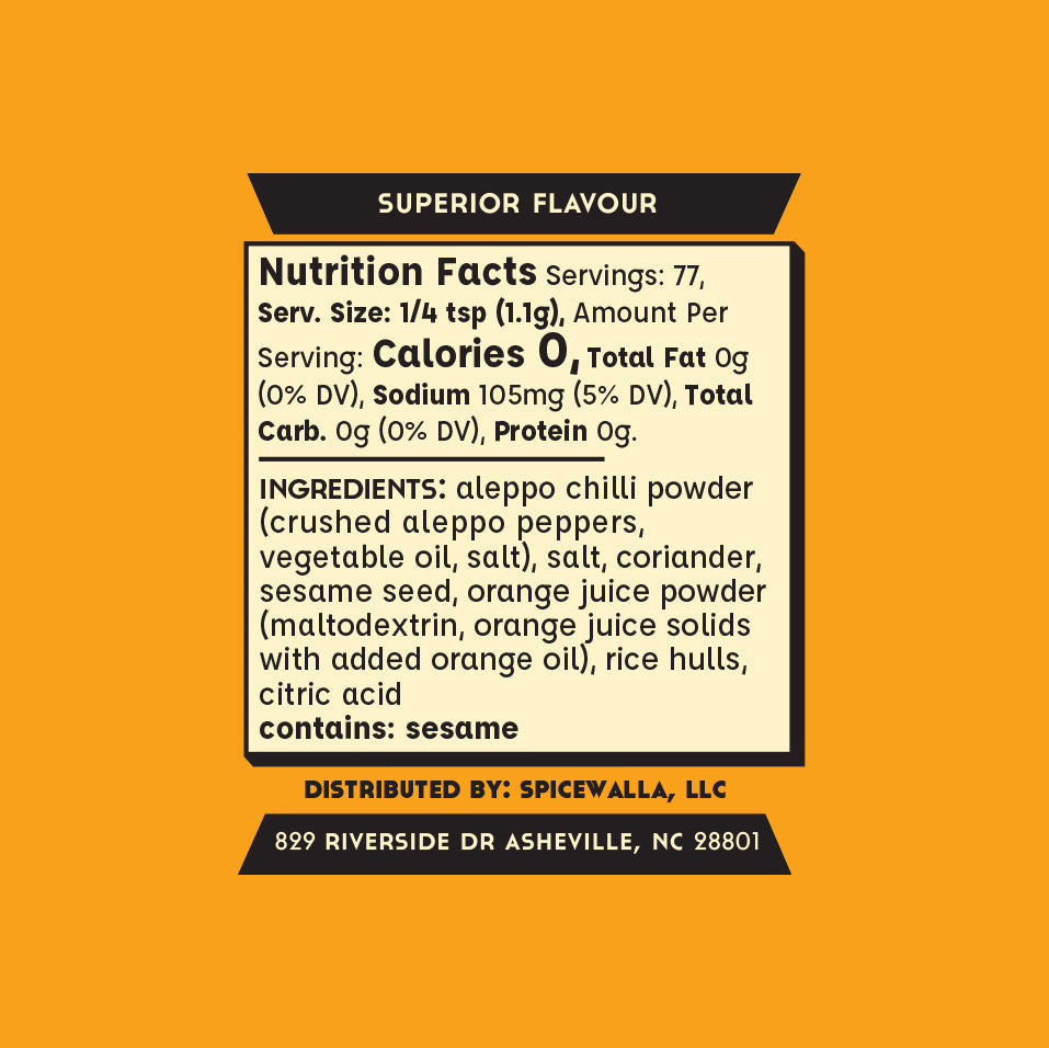 Seasoning tin back label with nutrition facts and ingredients details