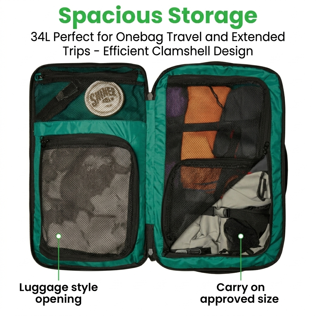 Expandable interior of travel backpack with luggage-style opening and carry-on size compartment