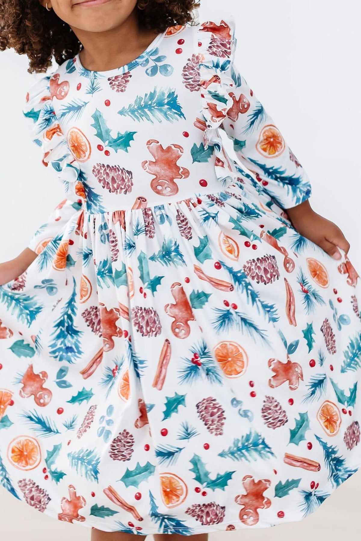 Kids Christmas print twirl dress, 3/4 sleeves, ruffle trim at neckline and skirt