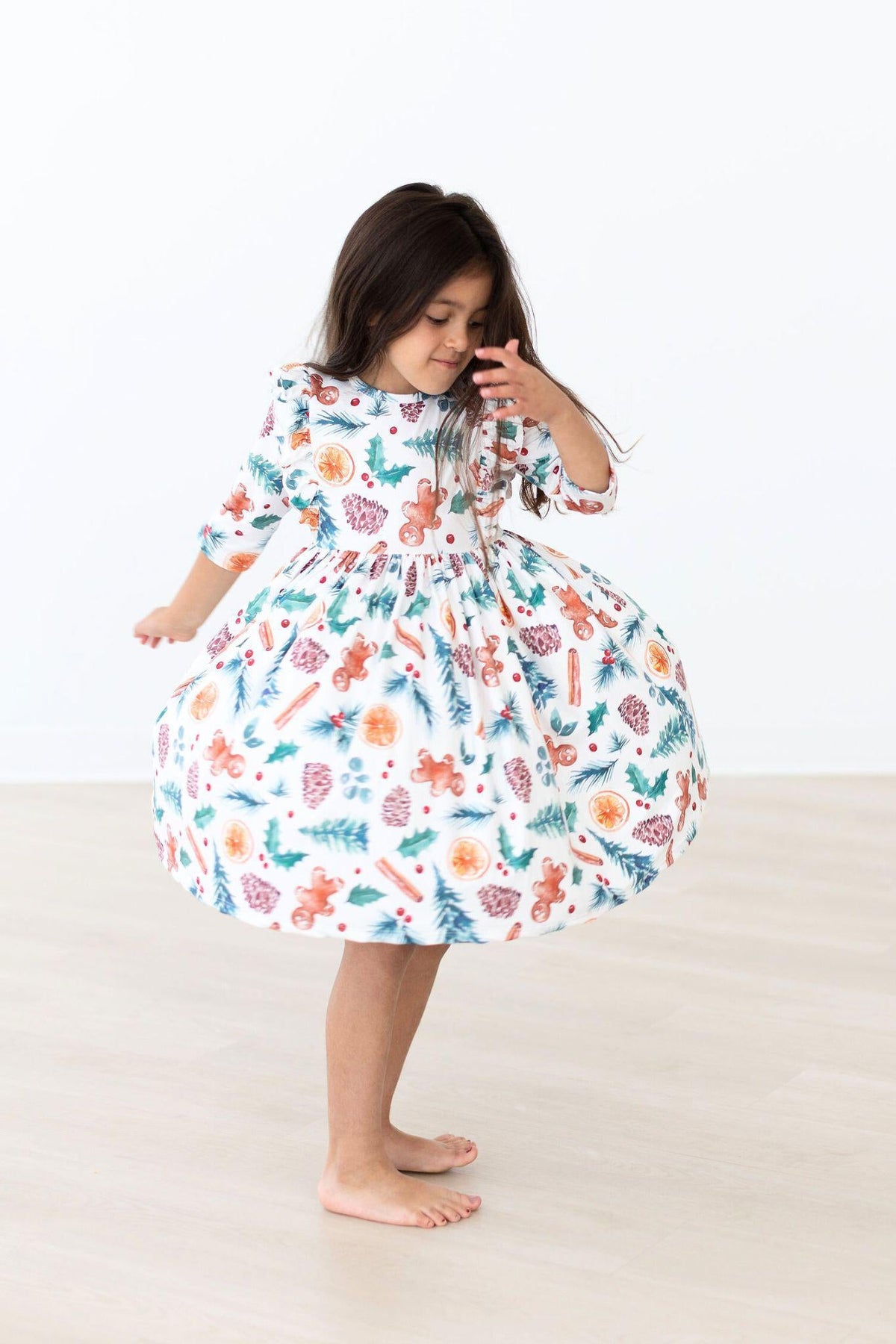 Kids Christmas print twirl dress with 3/4 sleeves and gathered waist, full swirly skirt