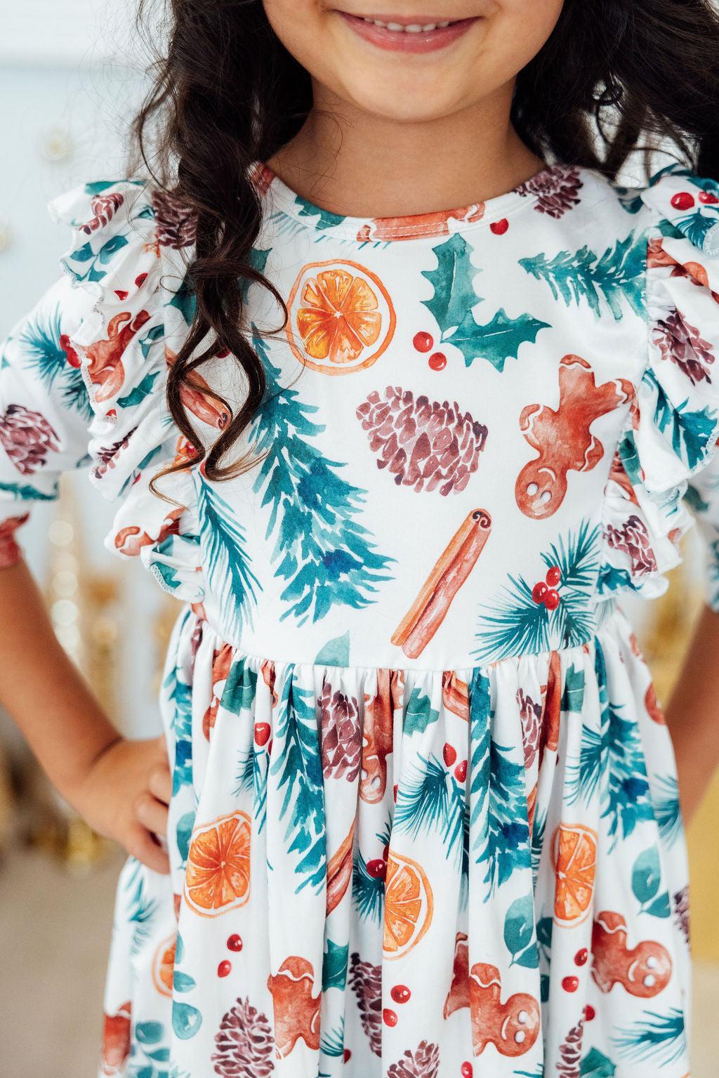 Kids Christmas print twirl dress with 3/4 ruffled sleeves and gathered skirt, white base