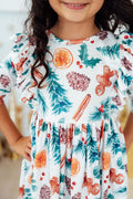 Kids Christmas print twirl dress with 3/4 ruffled sleeves and gathered skirt, white base