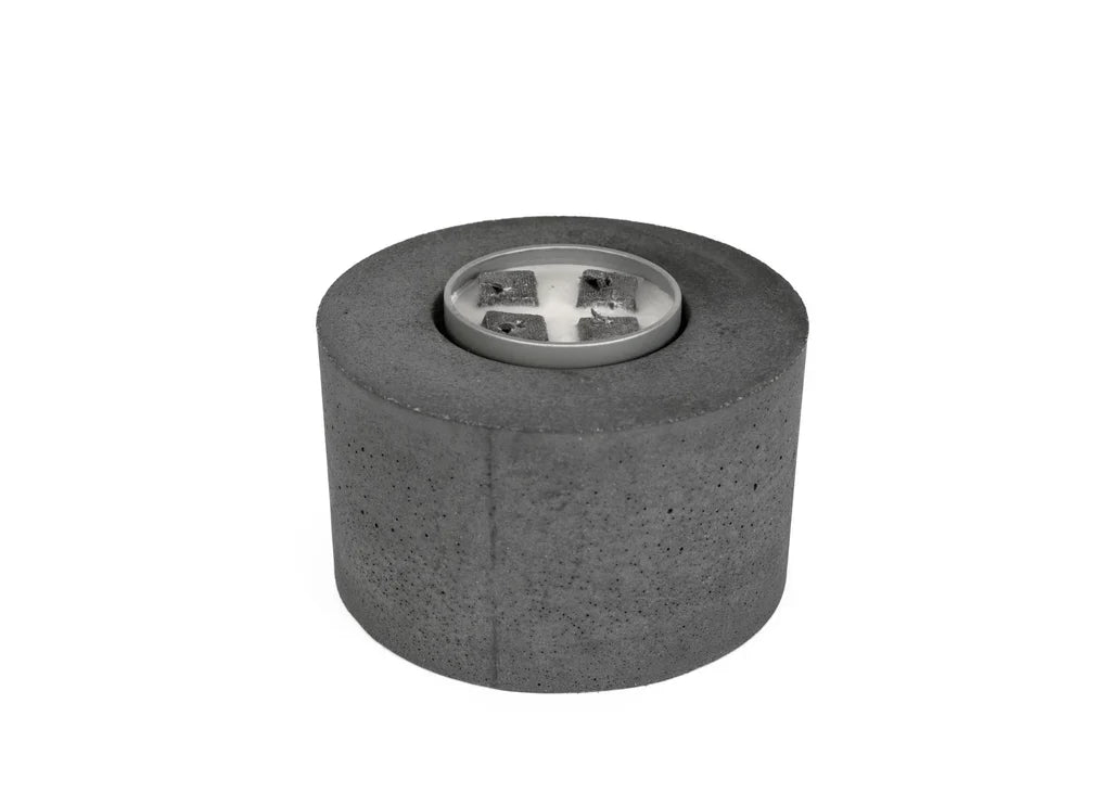 Dark gray cylinder concrete fire pit with metal burner insert