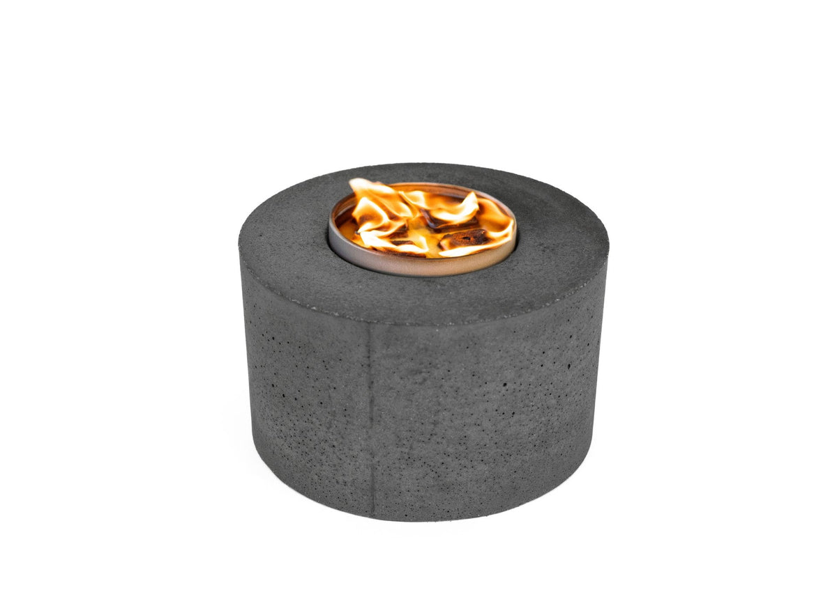 Classic cylinder concrete fire pit with open bowl, dark gray