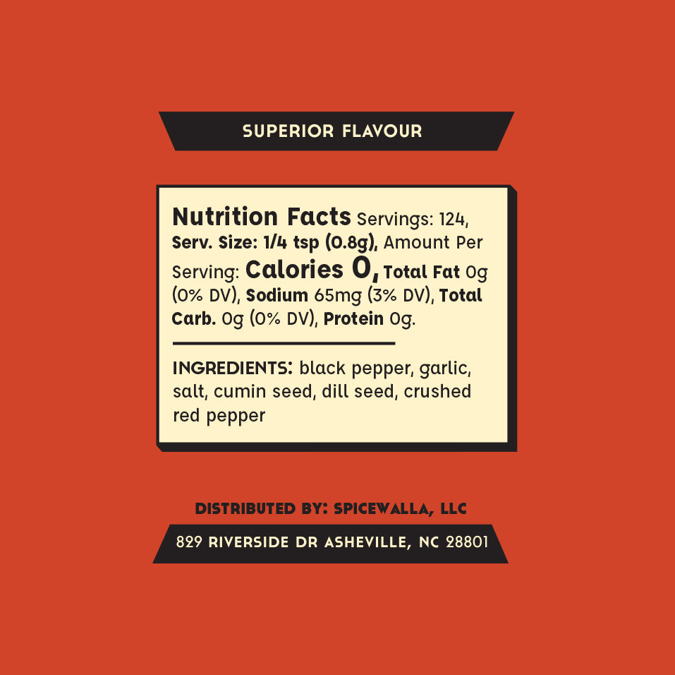 Classic steak rub nutrition facts and ingredients panel on tin label