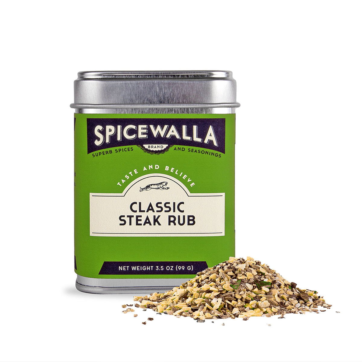 Classic steak rub spice tin with green label and loose seasoning heap