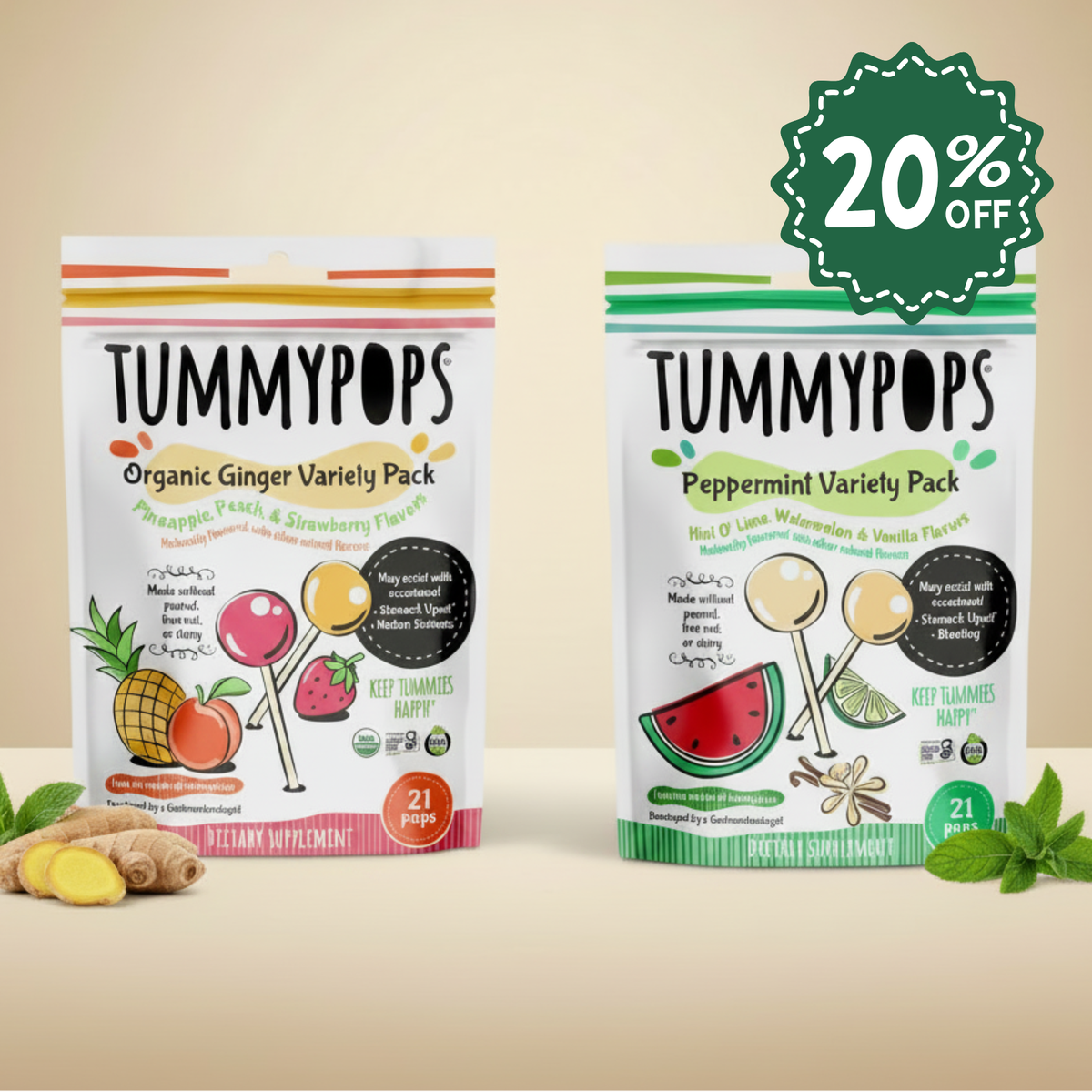 Organic ginger variety supplement pack in white pouch with colorful flavor icons and 21 count