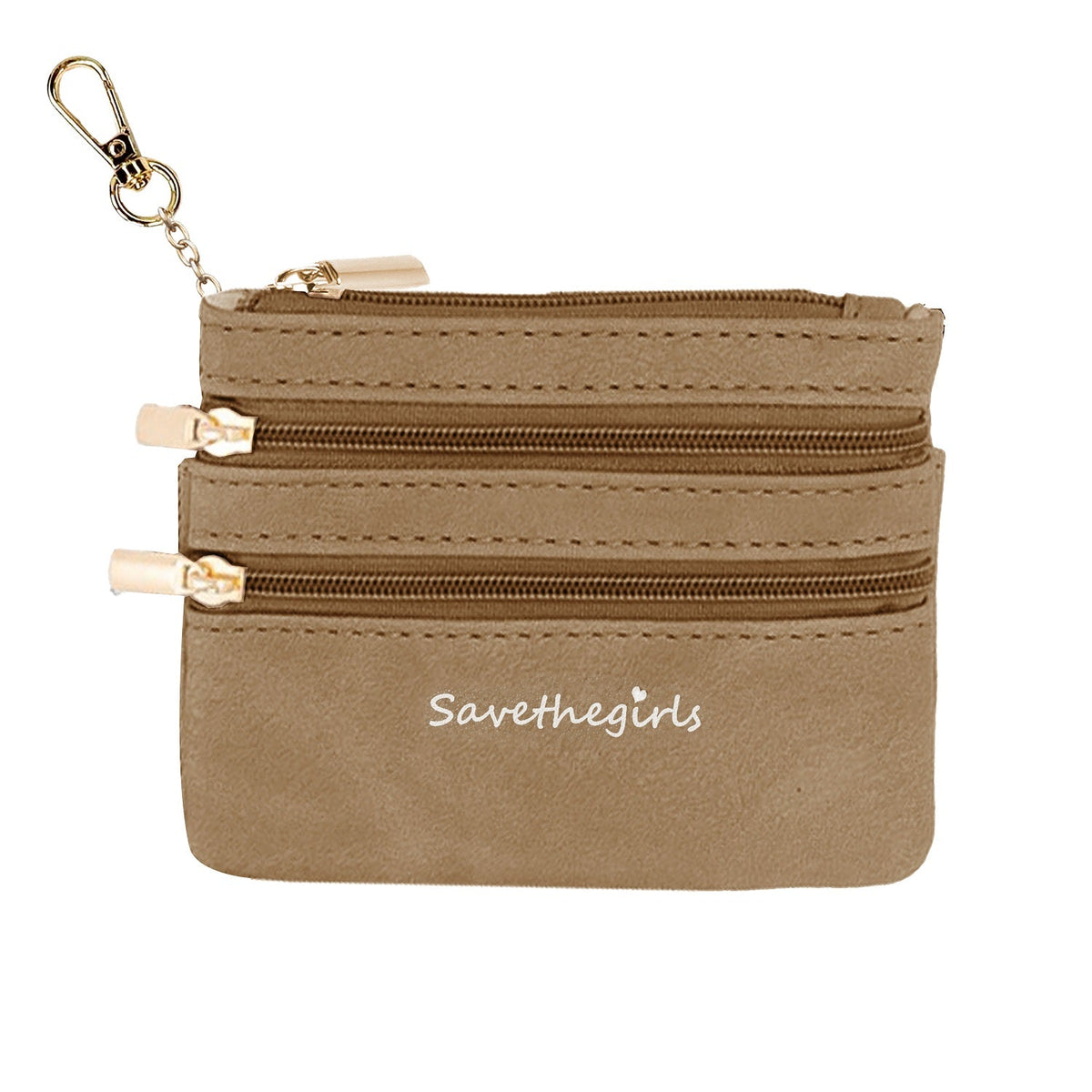 Tan zippered pouch with three zipper compartments and metal keychain ring