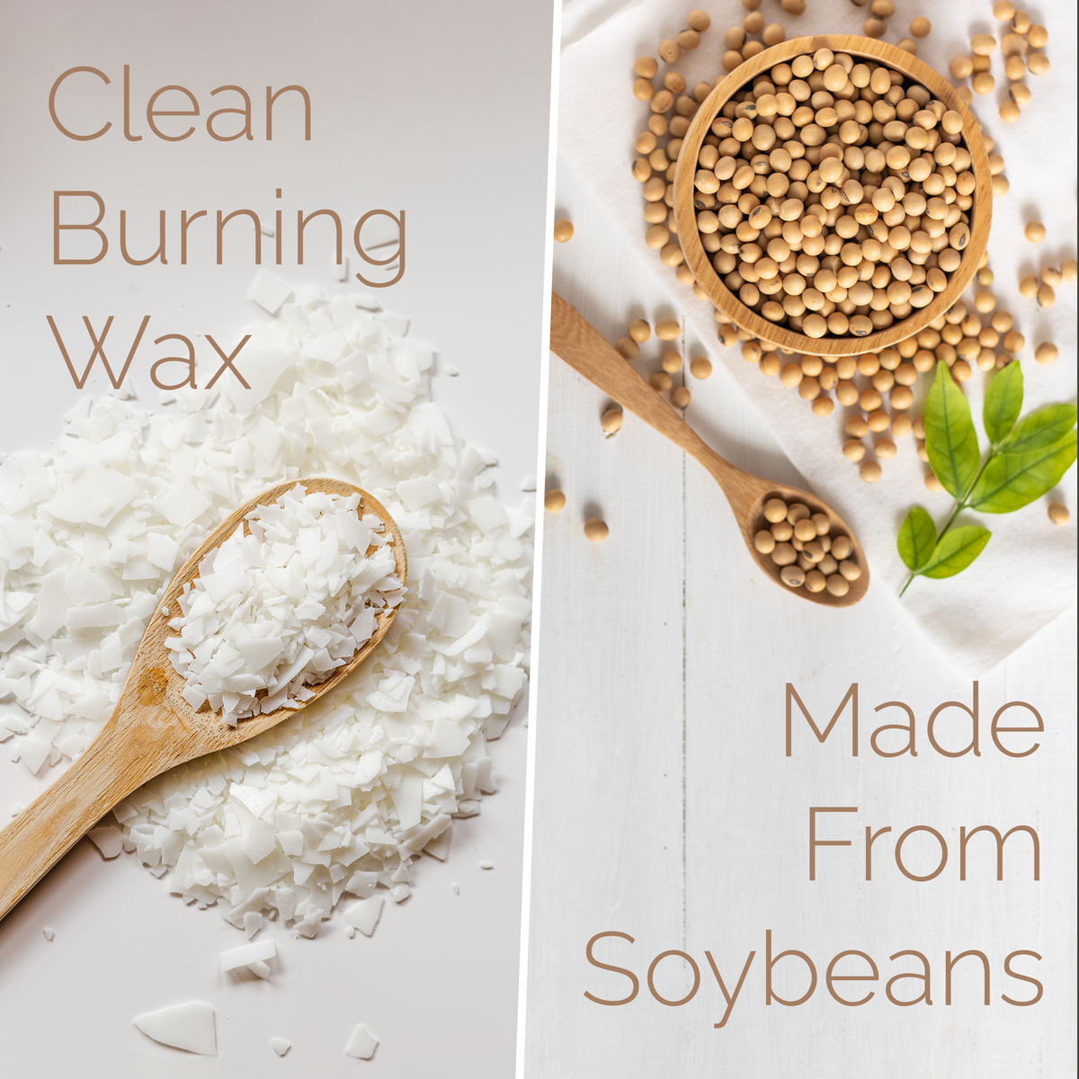 Soy candle refill ingredients: soy wax flakes and soybeans on white surface.