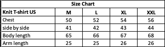 Size chart for knit T-shirt: M–XXL with chest, side, body length, and arm length.