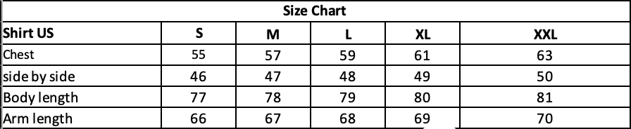 Size chart table for denim shirt (S–XXL): chest, side/body length, arm length