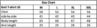 Knit T-Shirt US size chart: chest, body length, arm length, side by side (S–XXL)